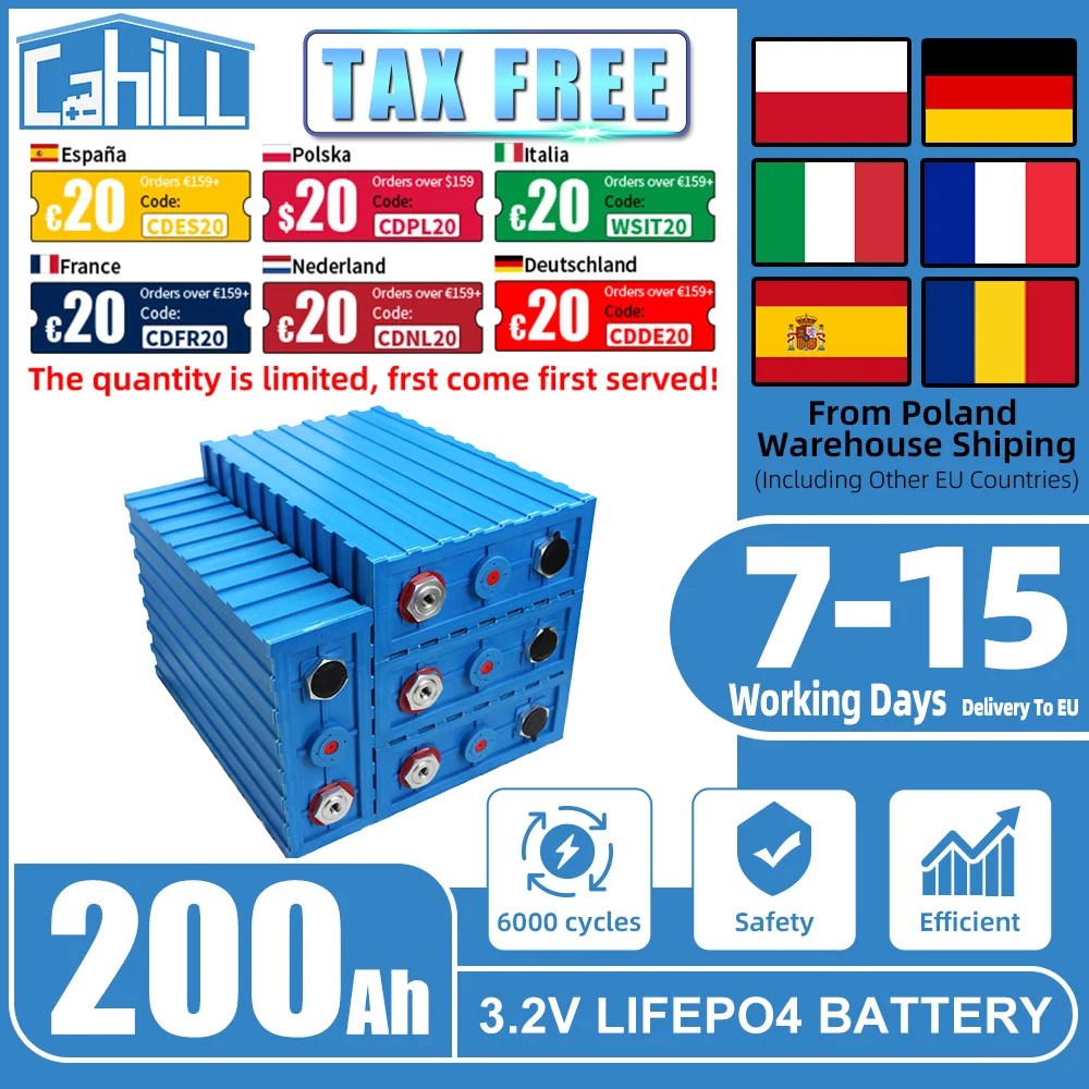 200Ah Lifepo4 Battery 3.2V Rechargeable Lithium iron phosphate Batterie For DIY 12V 24V 48V RV EV Boat Solar Camping Cell No Tax