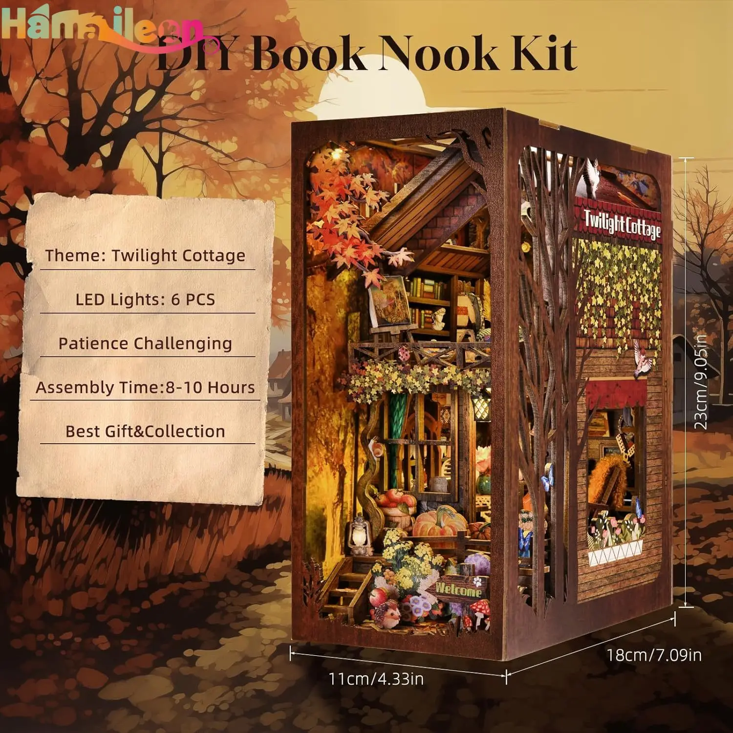 Hamaileon 3D Book Nook Kit, DIY Miniature Room House Kit Bookend ชั้นวางหนังสือตู้หนังสือตกแต่งสําหรับวัยรุ่นผู้ใหญ่ (Twilight Cottage)