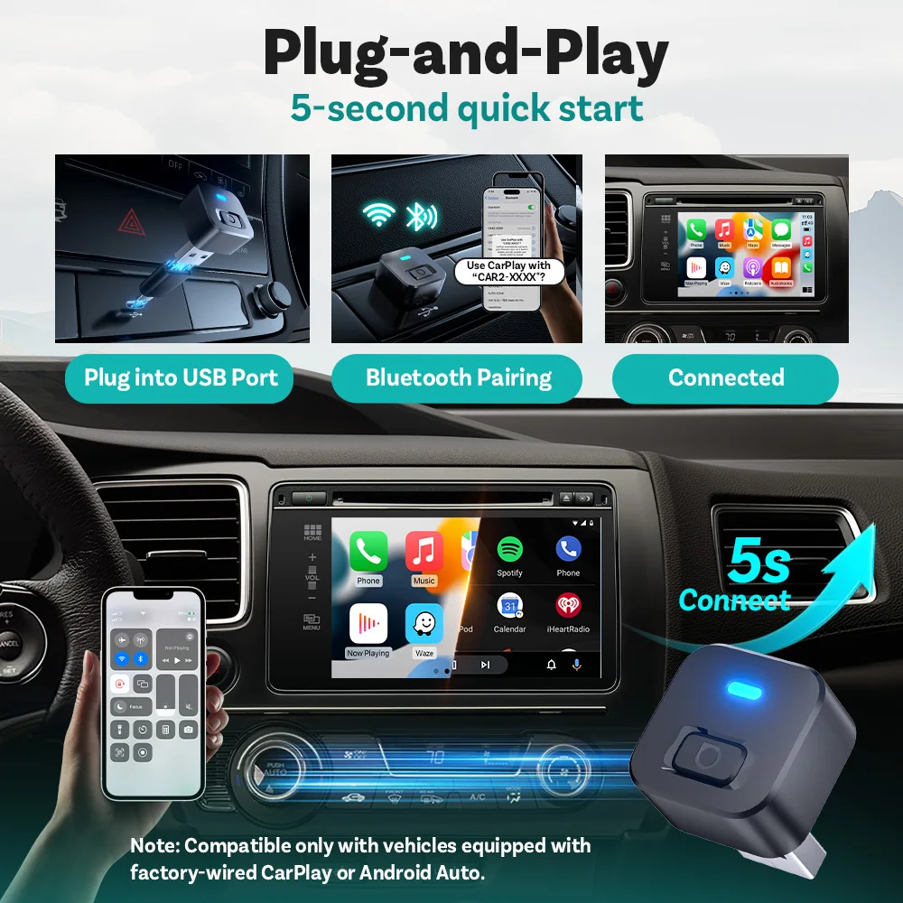 Image of Ottocast Mini Dot Kabelloser CarPlay-Adapter Android Auto Kabelloser Adapter Erhält 2 Geräte im Speicher WiFi 6 + BT 5.4 Schnelle automatische Wiederverbindung Plug & Play Automatische