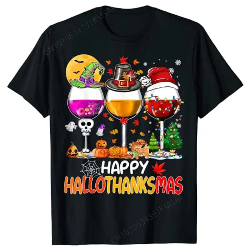 Wines Glass Thankgiving Funny Happy Hallothanksmas T-Shirt Drunk Drinking Lover Clothes Party Wear Outfits Family Matching Gifts