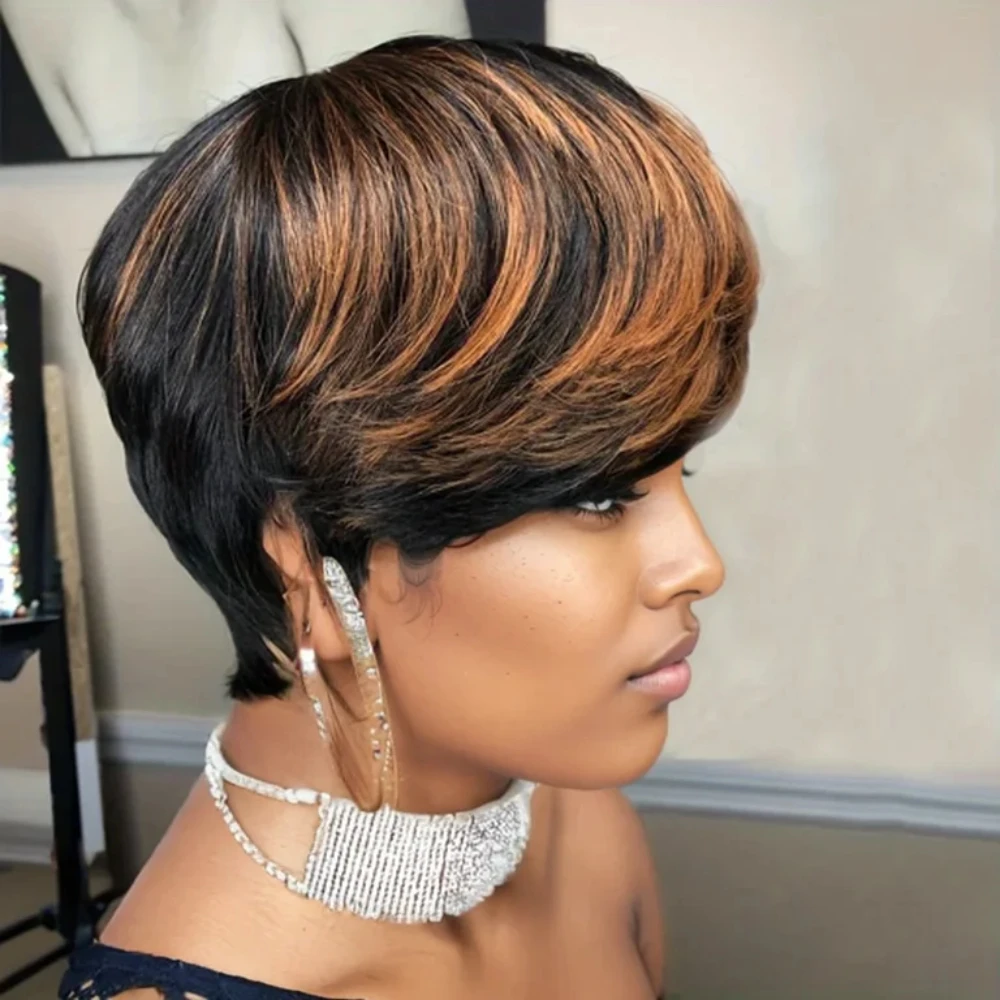 1B/30 カラーストレート人毛ウィッグピクシーカット人毛ウィッグ前髪フルマシンメイドウィッグオンブルカラーウィッグ