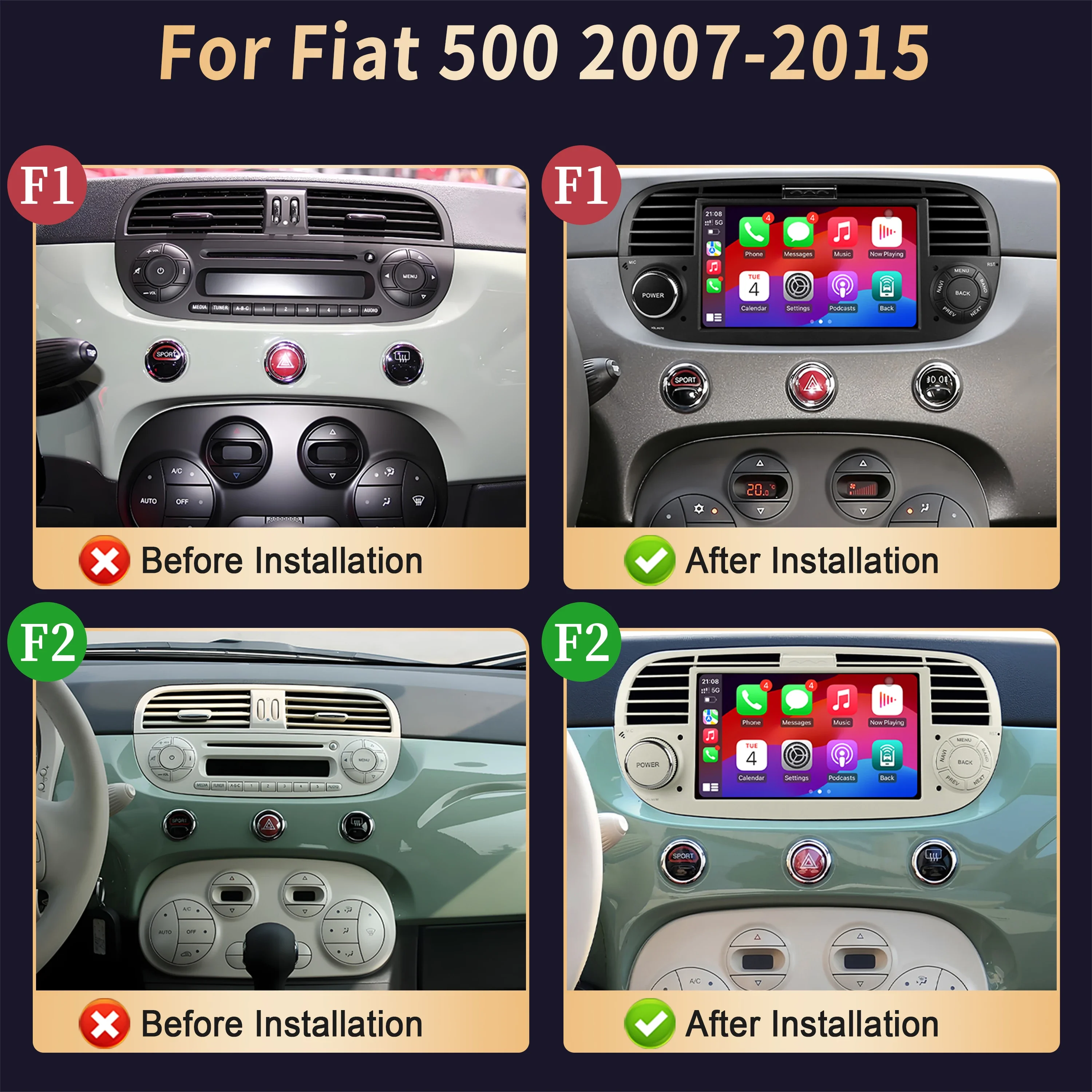Autoradio da 7 pollici per Fiat 500 2007-2011 2012 2013 2014 2015 Multimedia Wireless Bluetooth CarPlay 7862 Unità principale Touch Screen