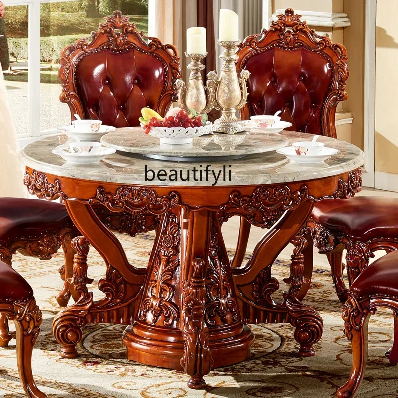 z183  Round dining table all solid wood natural marble countertop dining table French large apartment American style