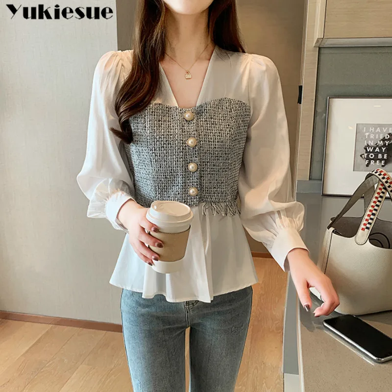 clothe Solid White Long Sleeve Shirt Fashion Office Lady Tops Korean Style Women Spliced Chiffon Blouse V-neck Feminina shirt