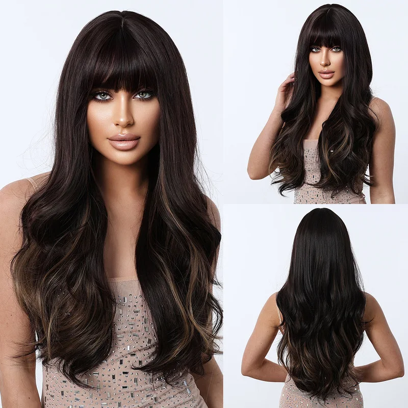Women's bangs, long curly hair, black with brown highlights, large waves, full , stylish wig