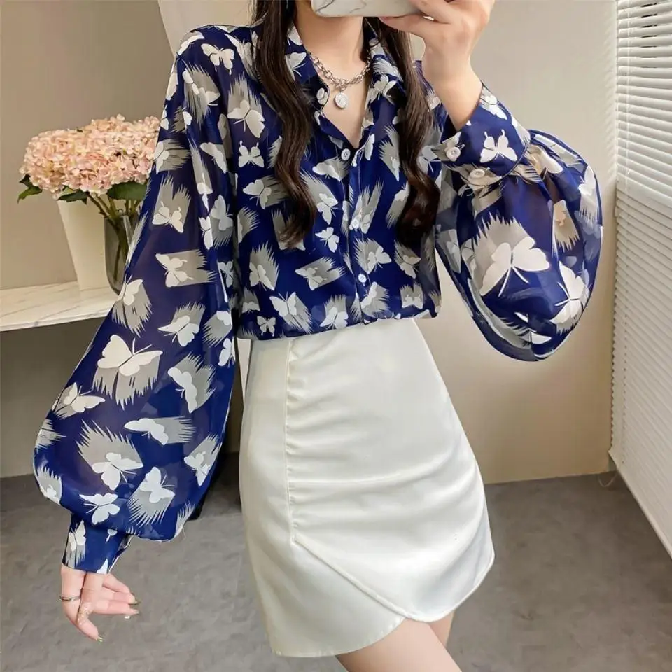 Temperament Top Tee 2024 New Spring Autumn Loose Printing Lantern Sleeve Blouse Ladies Turn-down Collar Women\'s Shirt Fashion