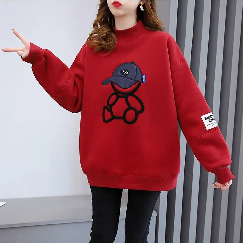 Winter Korean Style Kawaii Cartoon Print Applique Harajuku Fleece Thicken Warm Female Sweatshirt Casual Loose Pullover Top Women