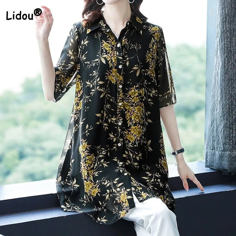 Casual All-match Female Printed Chiffon Shirt Summer New Women\'s Clothing Loose Fashion Single-breasted Turn-down Collar Blouse