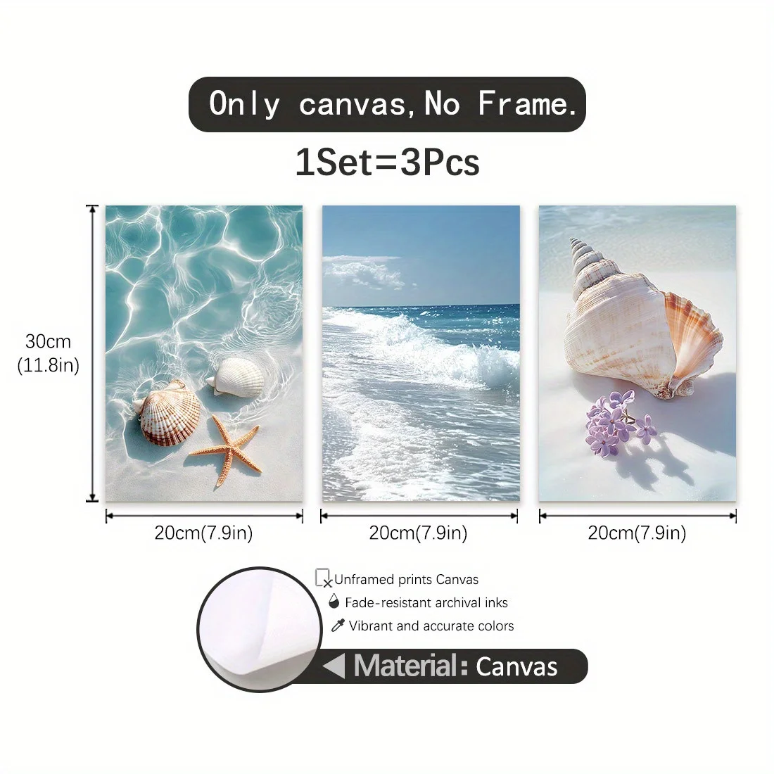 3 قطع من المطبوعات القماشية على الشاطئ، ديكور فني جداري بدون إطار، ملصقات صدف ساحلي ونجم البحر، مثالية لغرفة المعيشة، غرفة النوم #3