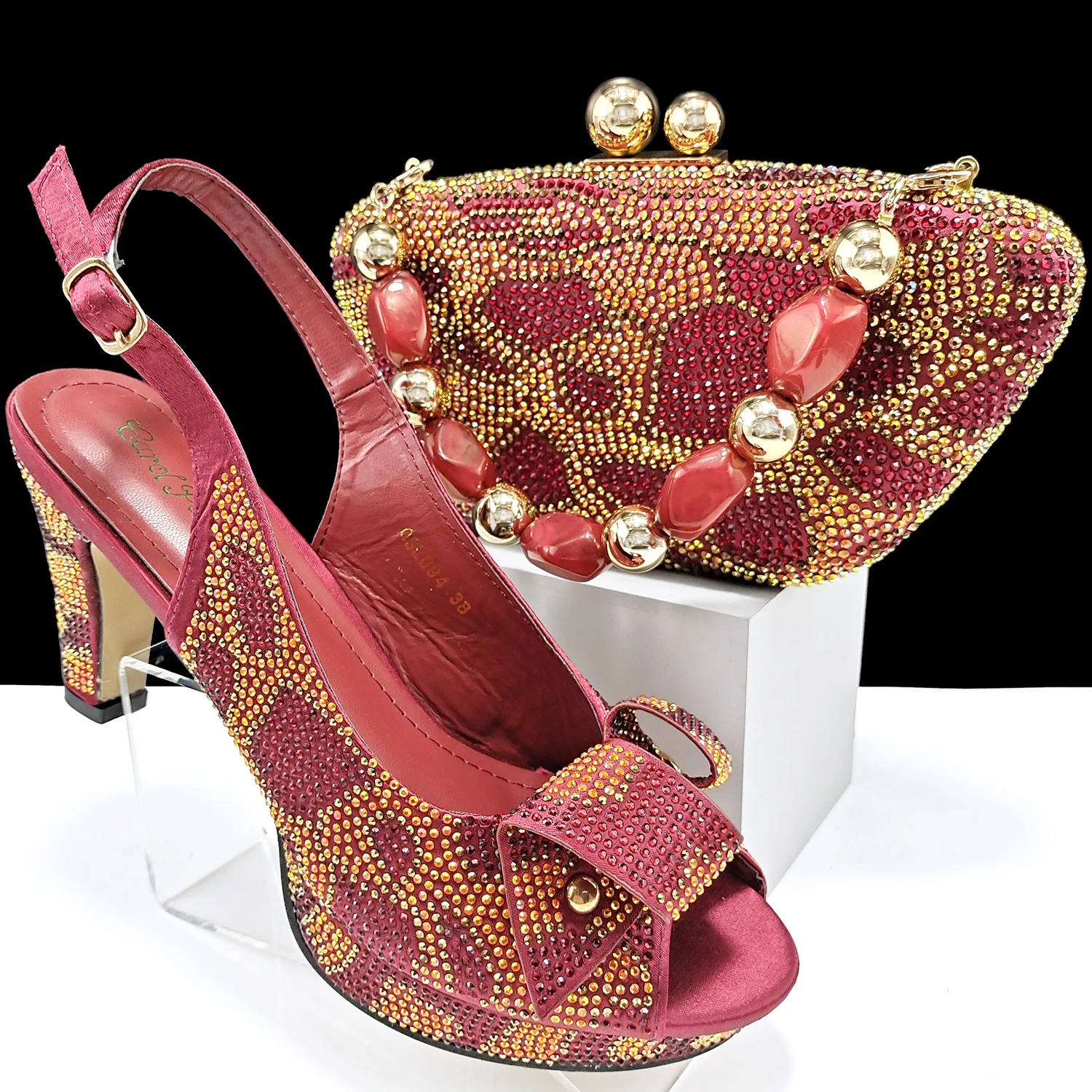 

Newest Fashion Mature Style Platform Design Wine Color High Heel Peep Toe Women Shoes and Full Rhinestone Dual Purpose Mini Bag