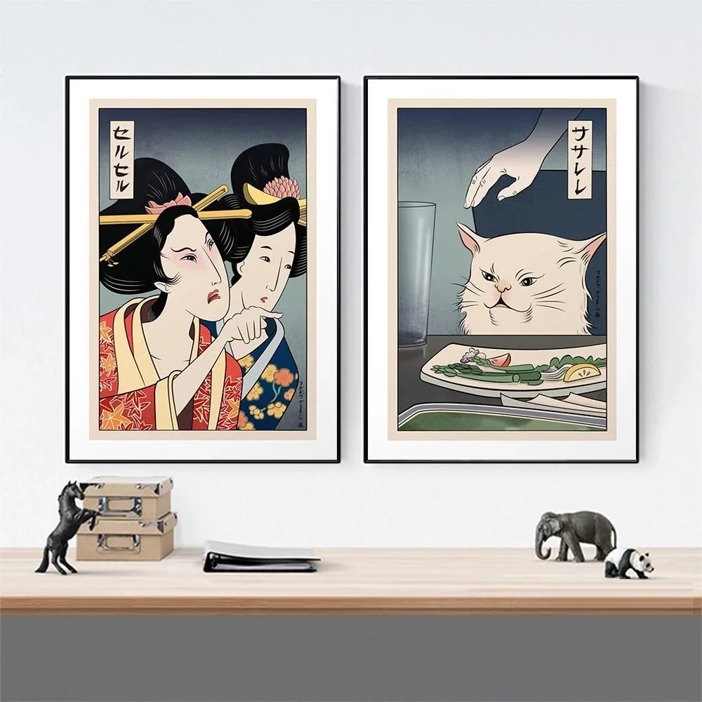 Funny Cute Canvas Painting Japanese Geisha Woman Yelling At Cat Posters and Prints Wall Art Pictures for Living Room Bedroom