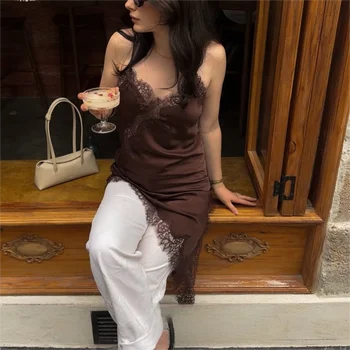 कोंडाला सेक्सी ठाठ ब्राउन फीता महिलाओं पोशाक वी गर्दन कैमी बैकलेस पार्टी ड्रेस फैशन 2025 ग्रीष्मकालीन पतन Y2K लड़की शाम क्लब ड्रेस 10 best sales पार्टी वियर - №6