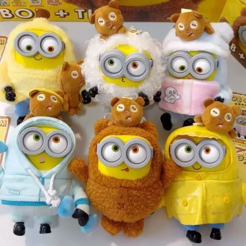 Cute Minions Keychain with Tiny Tim Bear, Soft Fluffy Minion Stuffed Doll Pendant, Cartoon Backpack Charm Gift for Kids Fans