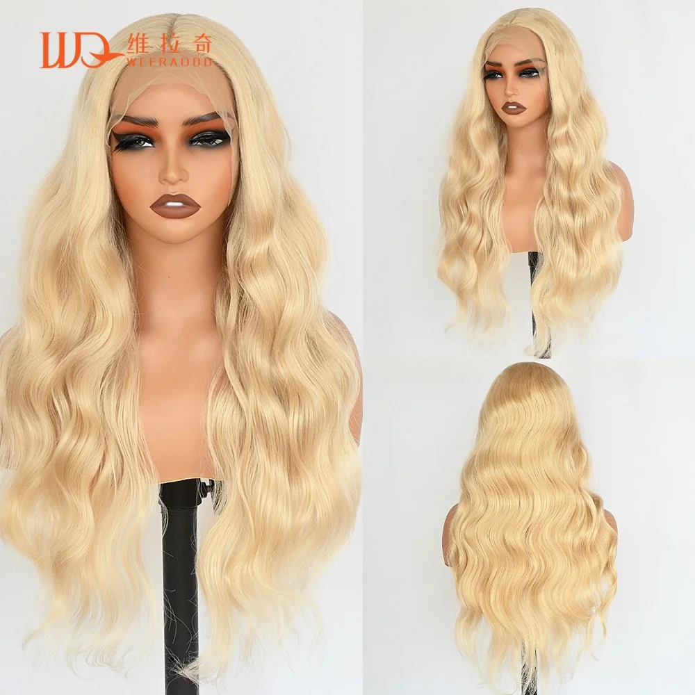 

28 Inch Body Wave 613 Blonde Lace Front Wig for Women Glueless Heat Resistant Synthetic T Part Wig 150% Density Cosplay Daily