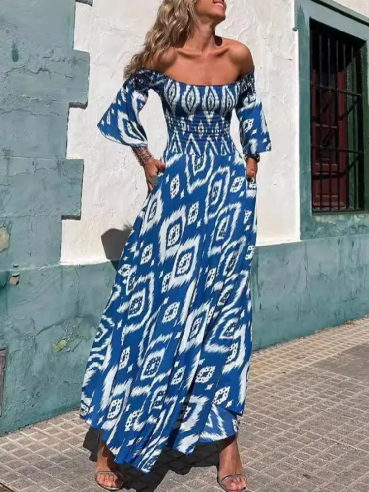 

Sexy One Shoulder Dress Female Summer Fashion Print Three-quarter Sleeves Big Skirt Hem Robe Ladies Elegance Party Prom Vestidos
