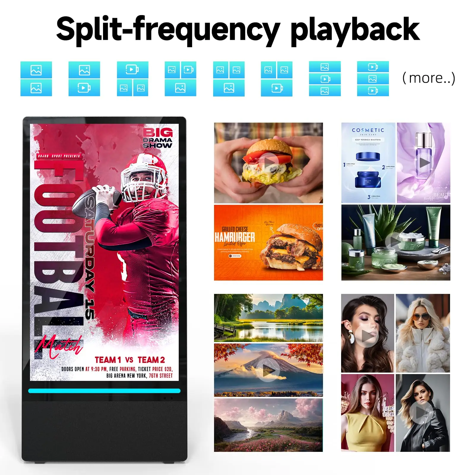 شاشات لافتات رقمية محمولة قابلة لإعادة الشحن مقاس 43 بوصة من MWE، مقاومة للماء IP55، شاشة مقسمة LCD ذكية، كشك متحرك