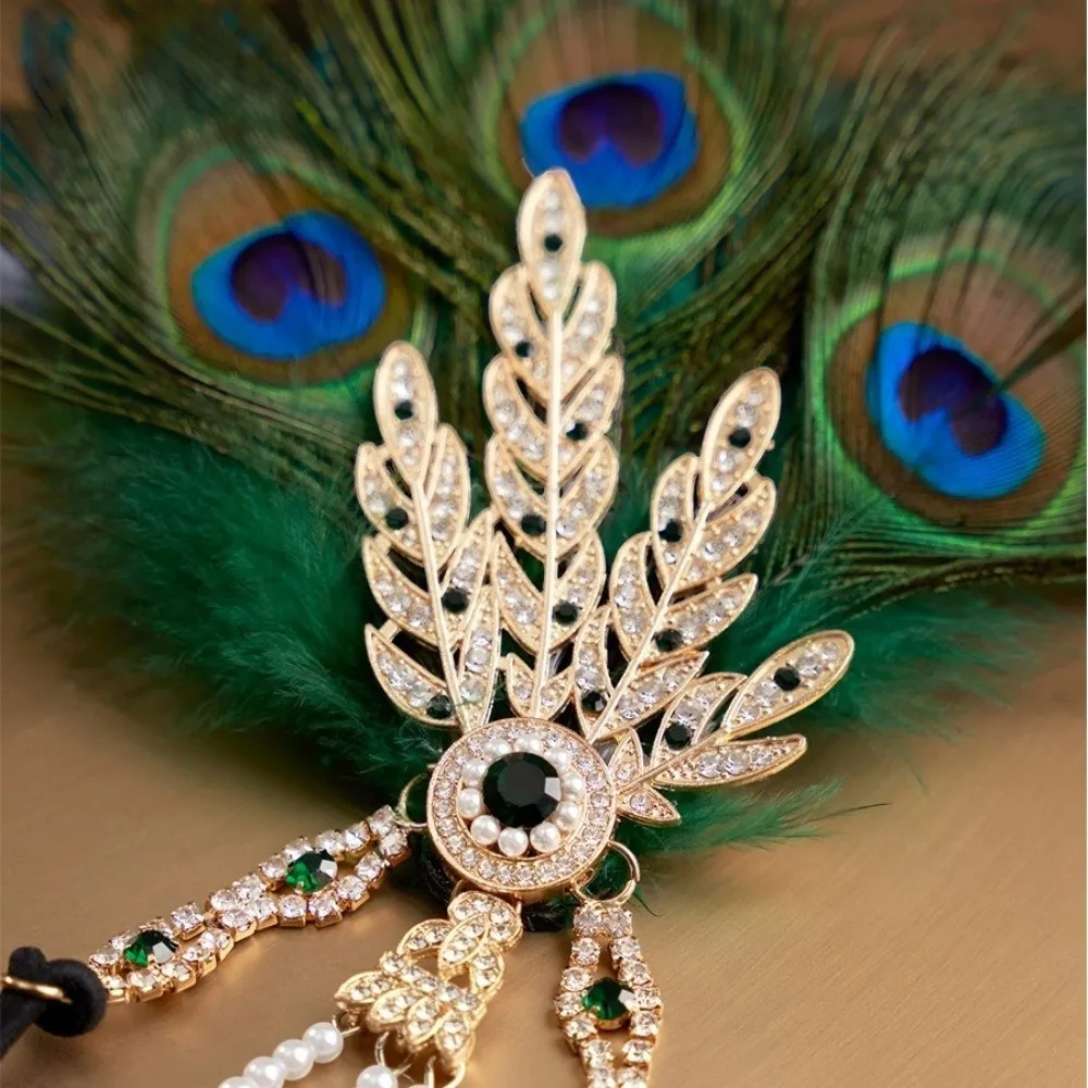 

Vintage Rhinestone Flapper Headband Tassel Peacock Feather Hair Strap Forehead Chain Party Photography