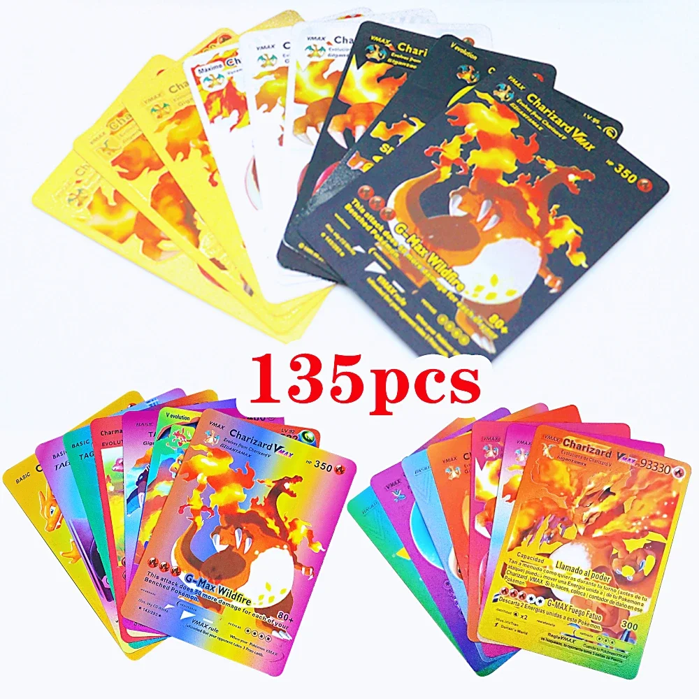 

55-135pcs Pokemon Foil Gold Cards Silve Black Spanish English French German Playing Cards Vmax Gx Vstar Pikachu Color Game Card