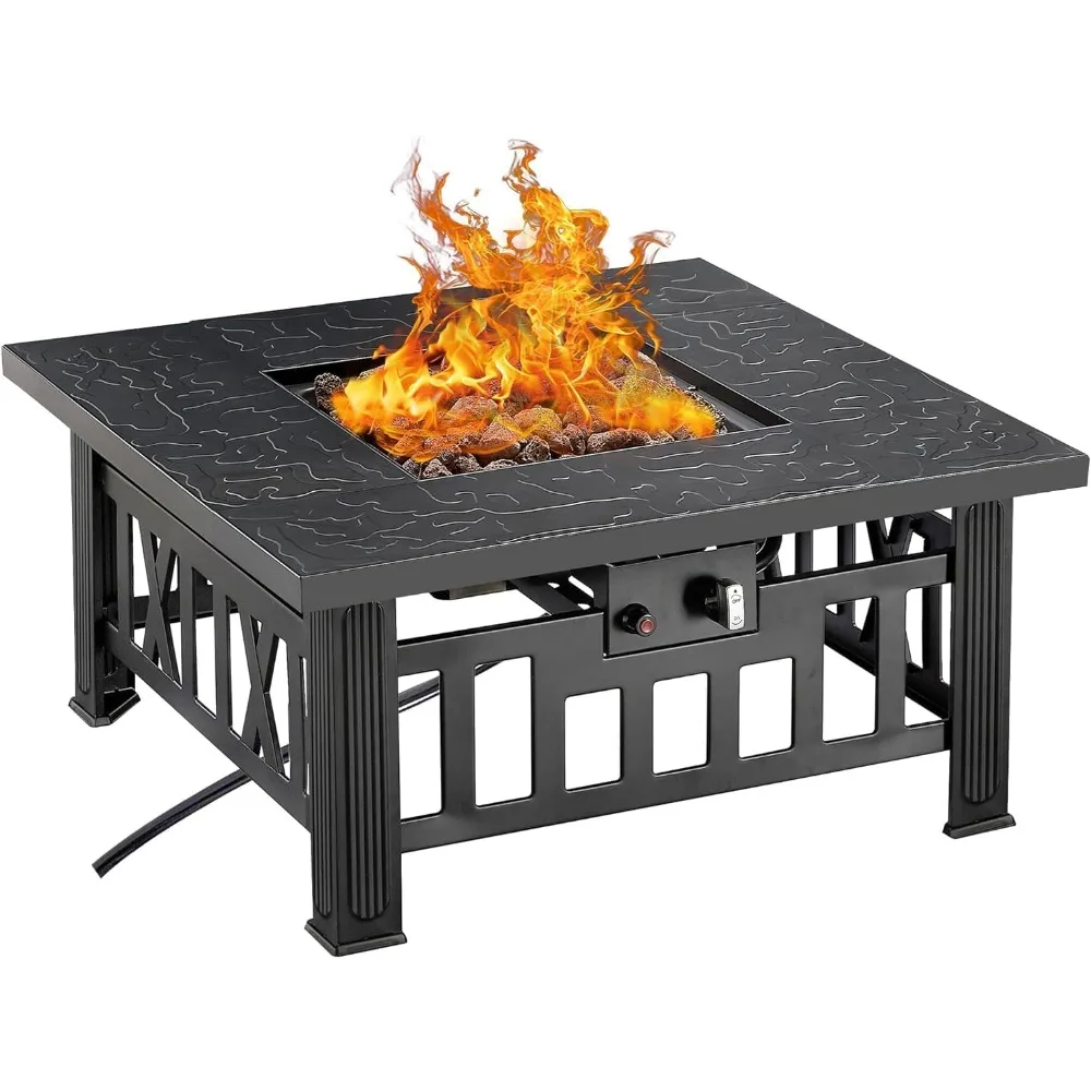 Propane Gas Fire Table, 30 Inch Outdoor Fire Pit, 50,000 BTU Square Firepit with Lid and Lava Rock, Adjustable Flame Steel Fire