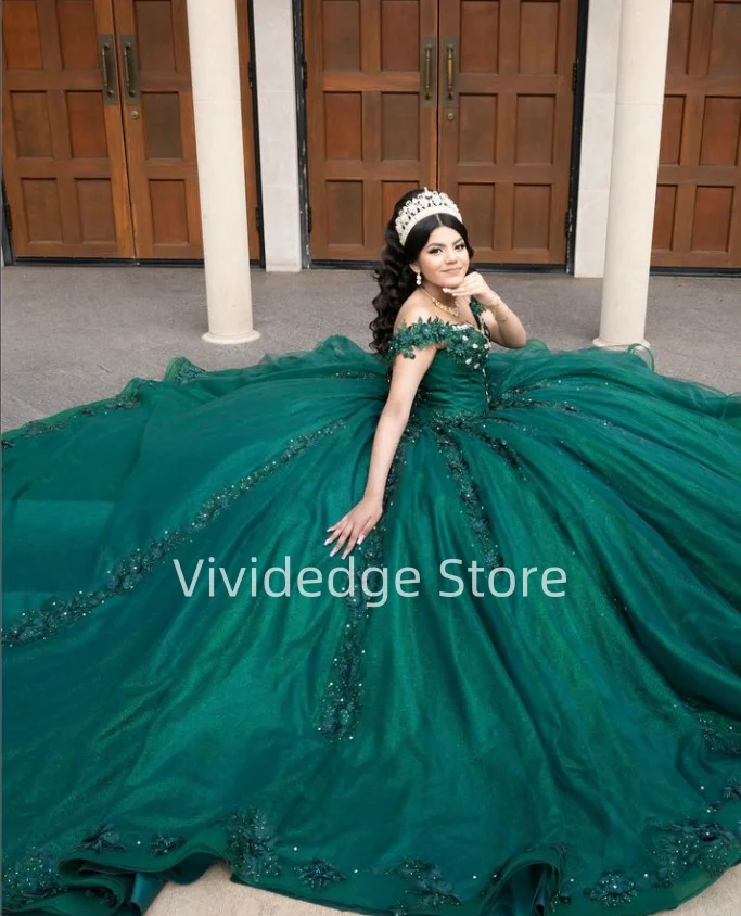 Customized  Dark Green Princess Strapless Corset Prom Dresses 15 Years Formal Quinceanera Dress Beaded Applique robes de soirée