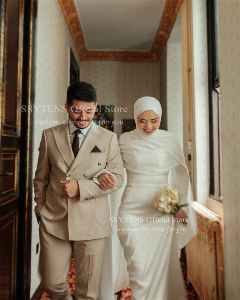 SSYTENS Elegant lvory Wedding Dresses Satin High Neck Full Sleeves Mermaid Bridal Gown Sweap Train Modest Bride Dress Customized