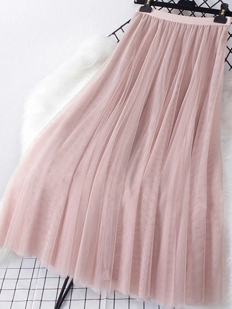 TIGENA New Big Hem Long Tulle Skirt Women Korean Casual Simple Solid 3 Layers A Line High Waist Maxi Skirt Female Lady Purple