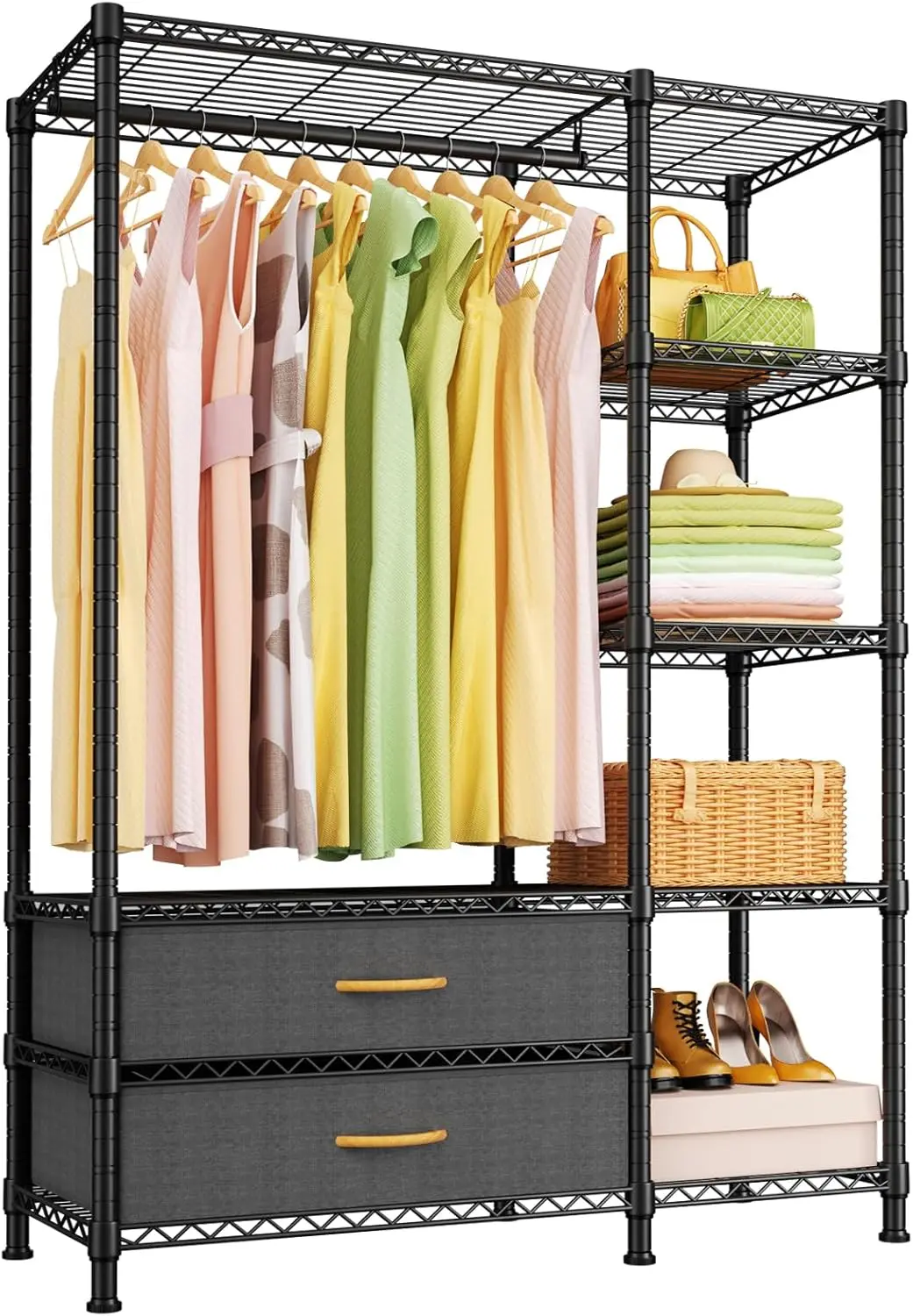 F3 Heavy Duty Clothes Rack（With Fabric Drawers）Freestanding Clothing Racks for Hanging Clothes，Adjustable Closet Organizerk