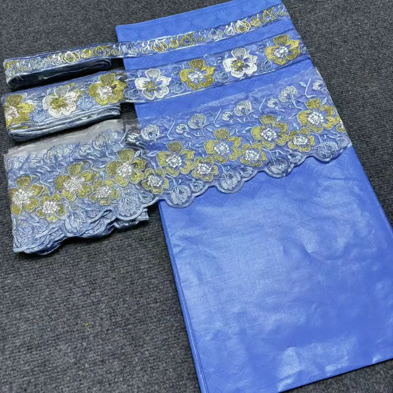

5 Yards Latest Bazin Riche Fabric With Match 15 Yards Lace Ribbon Trim Sequins Embroidered Accessories For Party Crafts b64-2