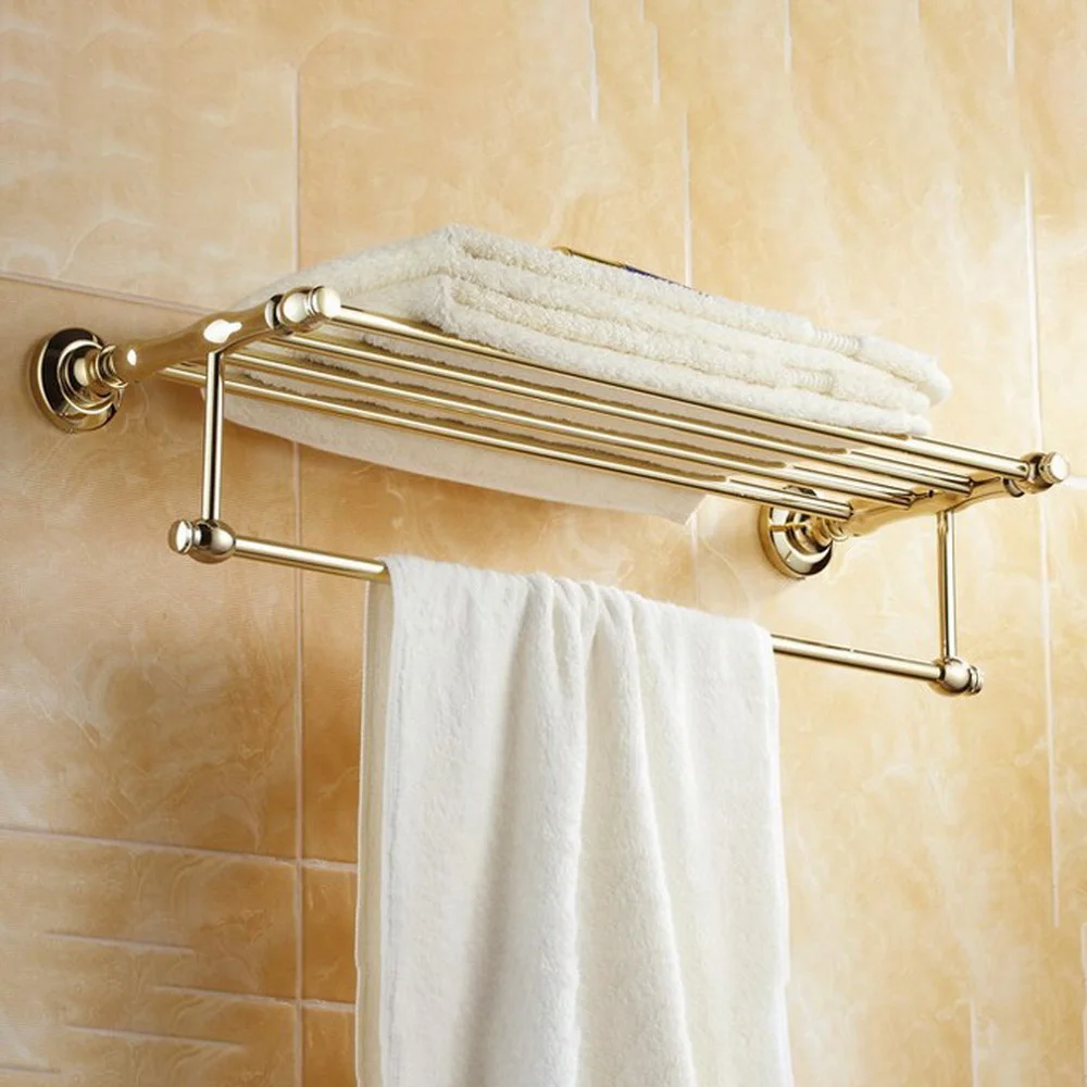 Luxury Gold Color Brass Bathroom Towel Rack Holder Wall Mounted Shower Storage Shelf Bathroom Accessories tba101