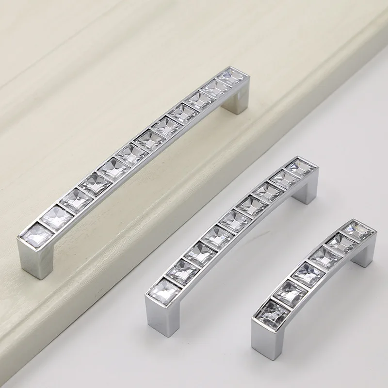 2Pcs Crystal Drawer Pulls, 64mm 96mm 128mm Silver Zinc Alloy Cabinet Handles for Kitchen Cupboard Bedroom
