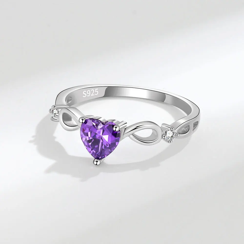 Trumium Authentic 925 Sterling Silver Amethyst Finger Rings for Women Heart Shape Wedding Promise Ring Bridal Party Gift