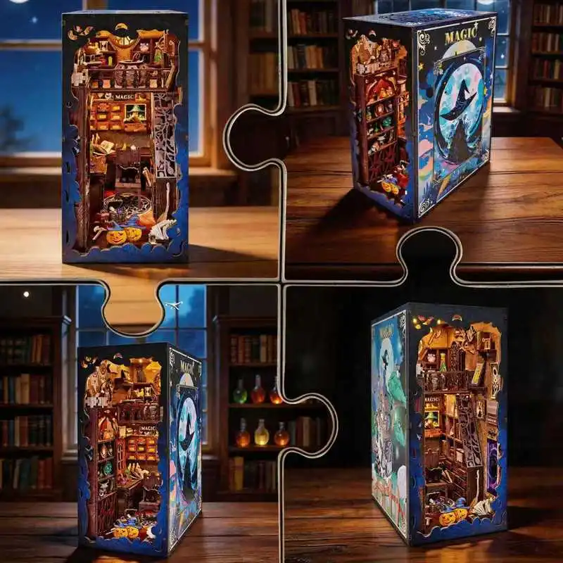 3D Wooden Puzzle Miniature Scene Model DIY Bookends Shadow Moon Magic Academy Educational Toy Home Decor