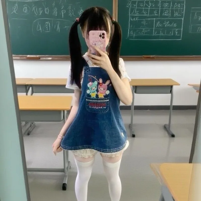 Robe brodée de dessin animé japonais pour femmes, Vintage, Denim, dentelle, Patchwork, Y2k, poche esthétique, Grunge, Mini, 2025