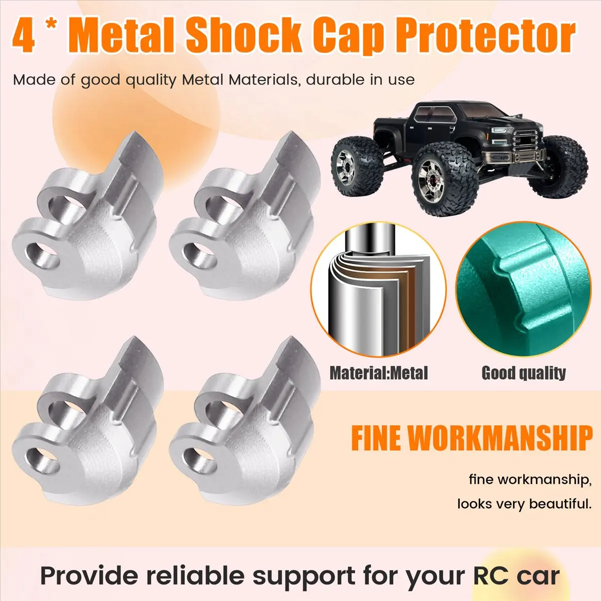 (A30I] 4pcs Metal Shock Cap Protector Protection Cover for 1/7 1/8 RC Car Upgrade Parts Accessories Silver
