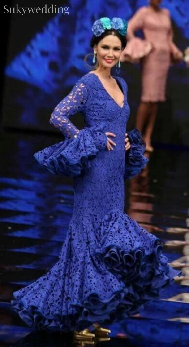 Vestidos de fiesta de graduación de baile de flamenco de encaje de sirena azul con falda escalonada mangas abullonadas vestidos para ocasiones de noche sin espalda personalizados