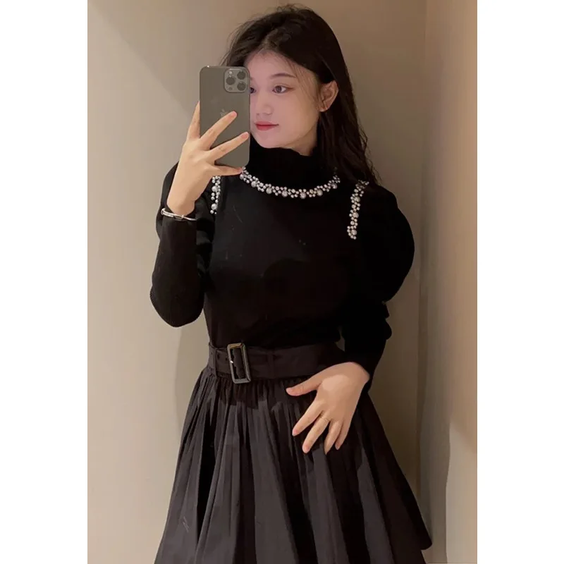 

Gagarich 2025 Early Spring Japanese Cross Border Sweet Solid Color High Neck Bubble Sleeve Pearl Knitted Shirt Pullover