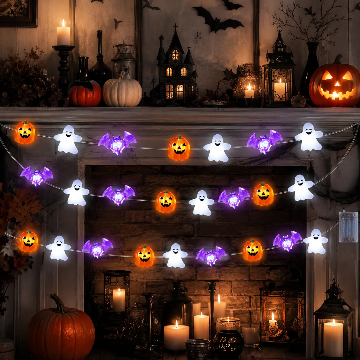 1pc Halloween Themed Fairy Lights Warm White/White 20/30LED Ghost Bat Pumpkin Shaped String Lights For Home Haunted House Decor