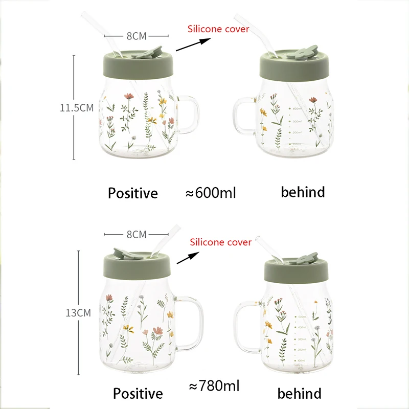 YWDL 630/780ml Glass Cup With Straw Large Capacity Tea Milk Fruit Juice Mug Grass Pattern With Graduated Coffee Cup