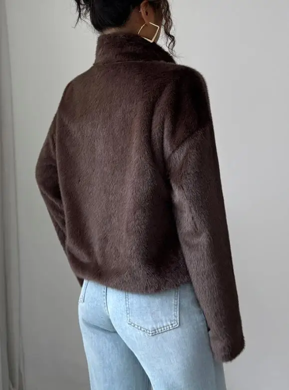 秋冬新作 無地 ハイネック プラッシュ スプライシング 暖かい ショートジャケット レディース カジュアル 大きめポケット付き プラッシュコート