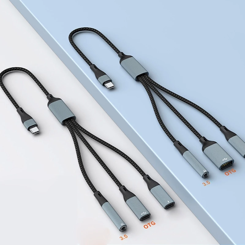 USB Type C 3 in 1 Converters Cable with 3.5mm Sound PD60W Charging OTG Data Cable for Smartphones and Computers