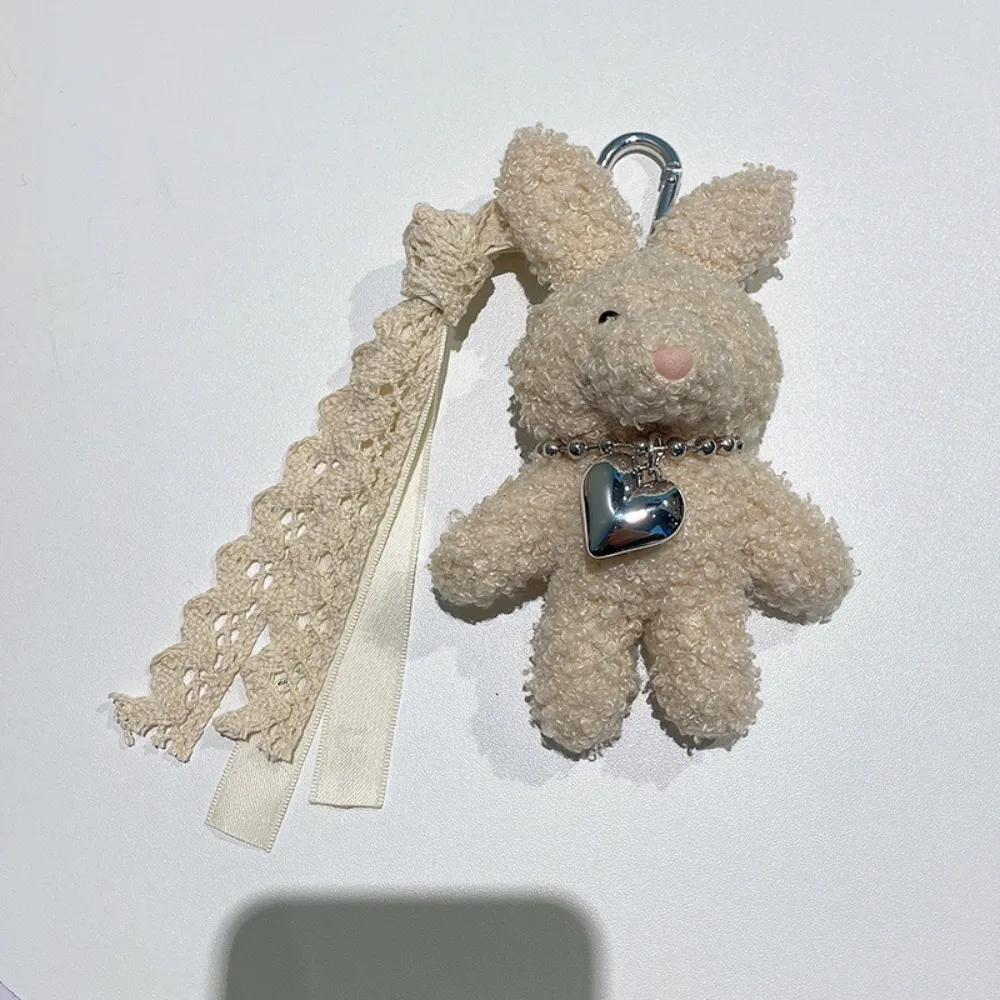 Lightweight Silver Heart Plush Bunny Keychain Cute Rabbit Plush Rabbit Doll Charm Soft Bow Ribbon Car Keychain Daily Carry
