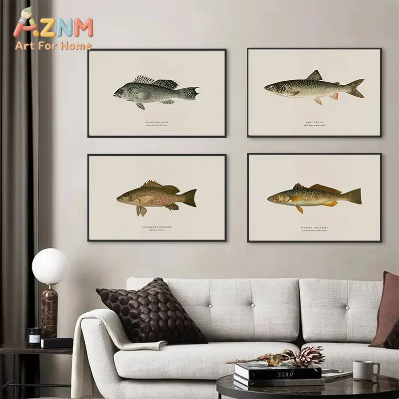 AZNM Vintage Bass Fish Trout Fly Fishing Prints Canvas Painting Fisherman Retro Wall Art Picture for Living Room Home Decor