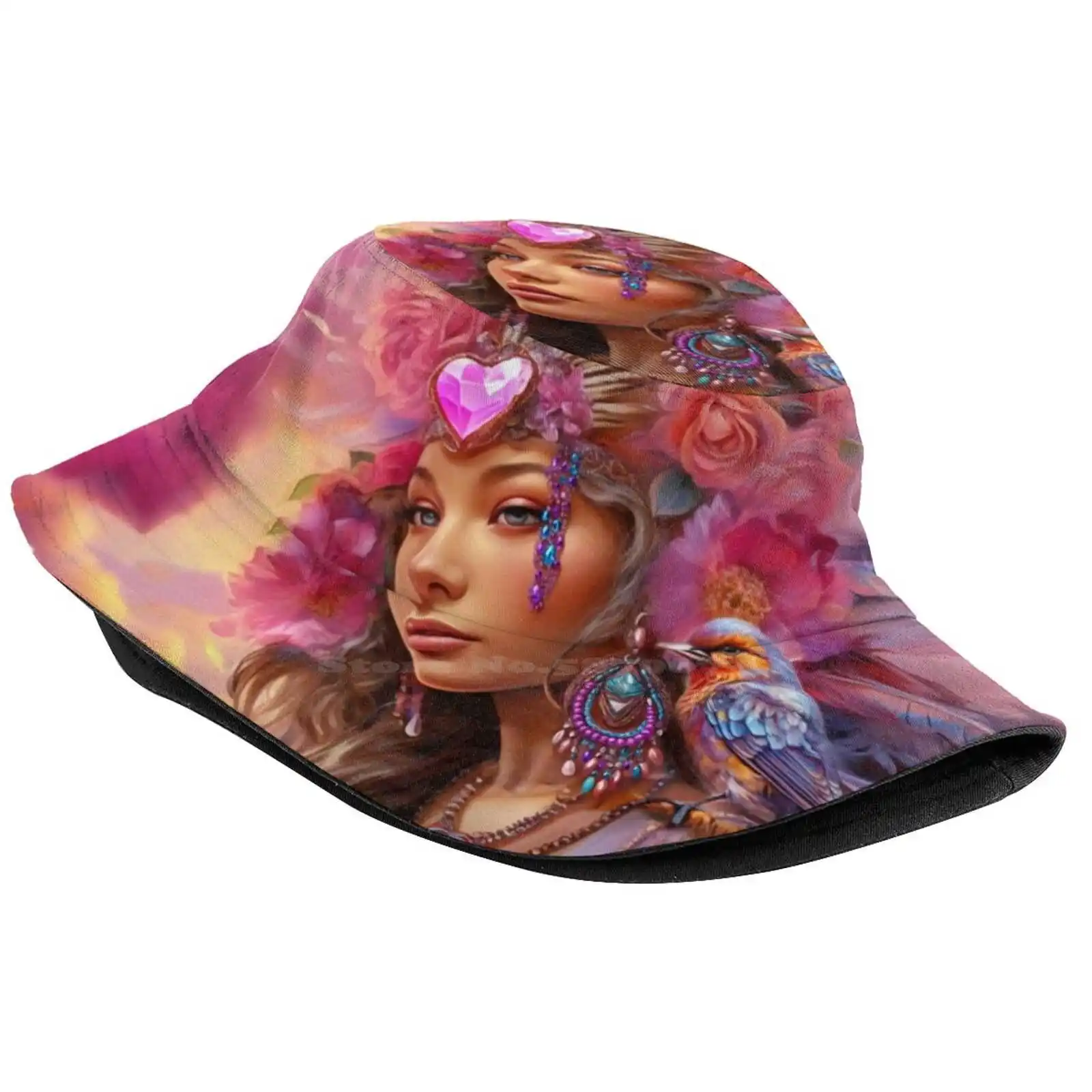 Love Song Sun Cap Fisherman Hat Bucket Hats Bird Wildlife Colorful Valentines Day Hearts Clouds Feathers Beads Emotional Art