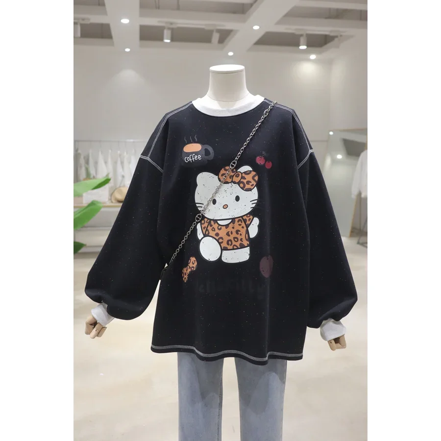 Color Dot Cartoon Cat Long-sleeved Hoodies Women 2024 Autumn Loose Drop Sleeve Cotton Round Neck Pullover Sweatshirts Top