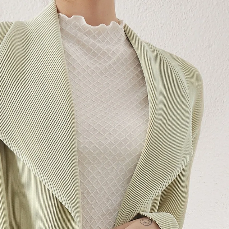 Miyake المرأة 2025 الخريف جديد قميص سترة التلبيب ركاب قصيرة فضفاضة رقيقة مكتب ارتداء دعوى التلبيب كم طويل معطف المرأة