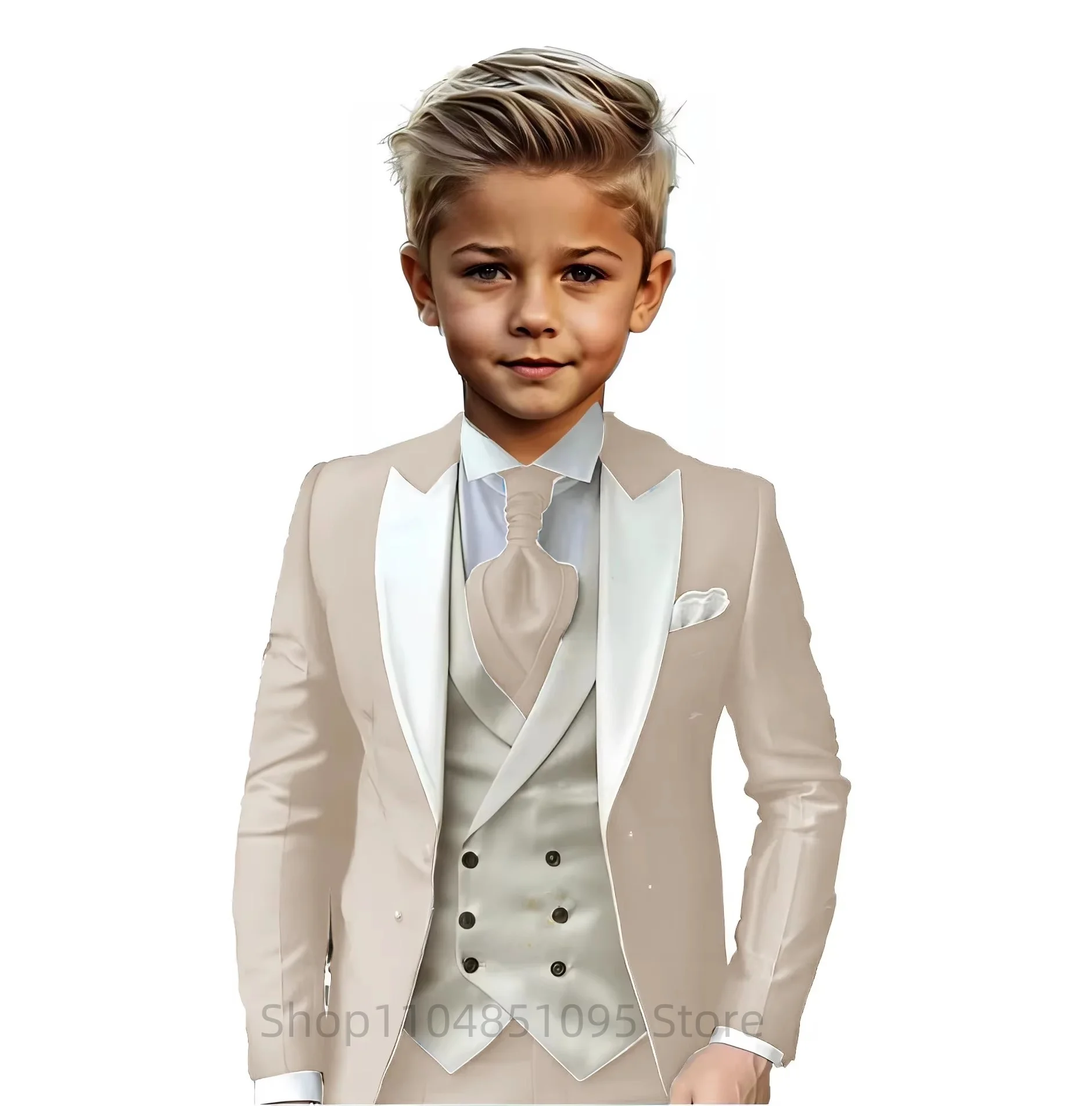 

Beige Slim Fit Boy Suits High Quality Single Breasted Blazer 3 Piece Set with Jacket Pants Vest for Kids Elegant Prom Outfit