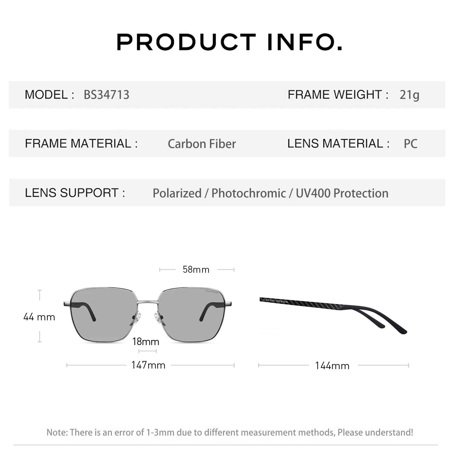 CAPONI وصفة طبية الاستقطاب الرجال النظارات الشمسية للرؤية الليلية ألياف الكربون قصر النظر نظارات القراءة التقدمية ظلال سوداء PJ34713