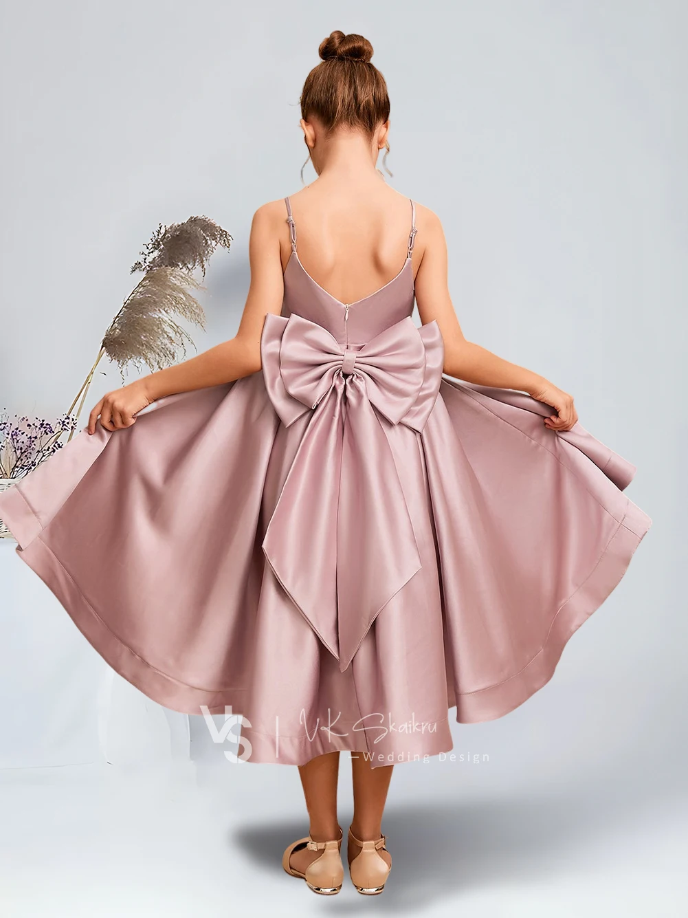 Elegant A-Line V-Neck Asymmetrical Satin Junior Bridesmaid Dress with Bow Dusty Rose Charming Flower Girl Dresses Party Wedding