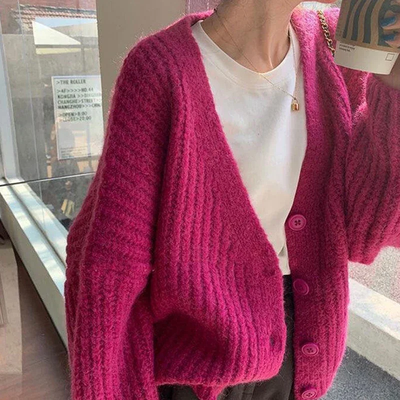 Cardigan à col en V pour femme, pull surdimensionné rose, manteau en tricot tendance, boutonné coréen, automne et hiver