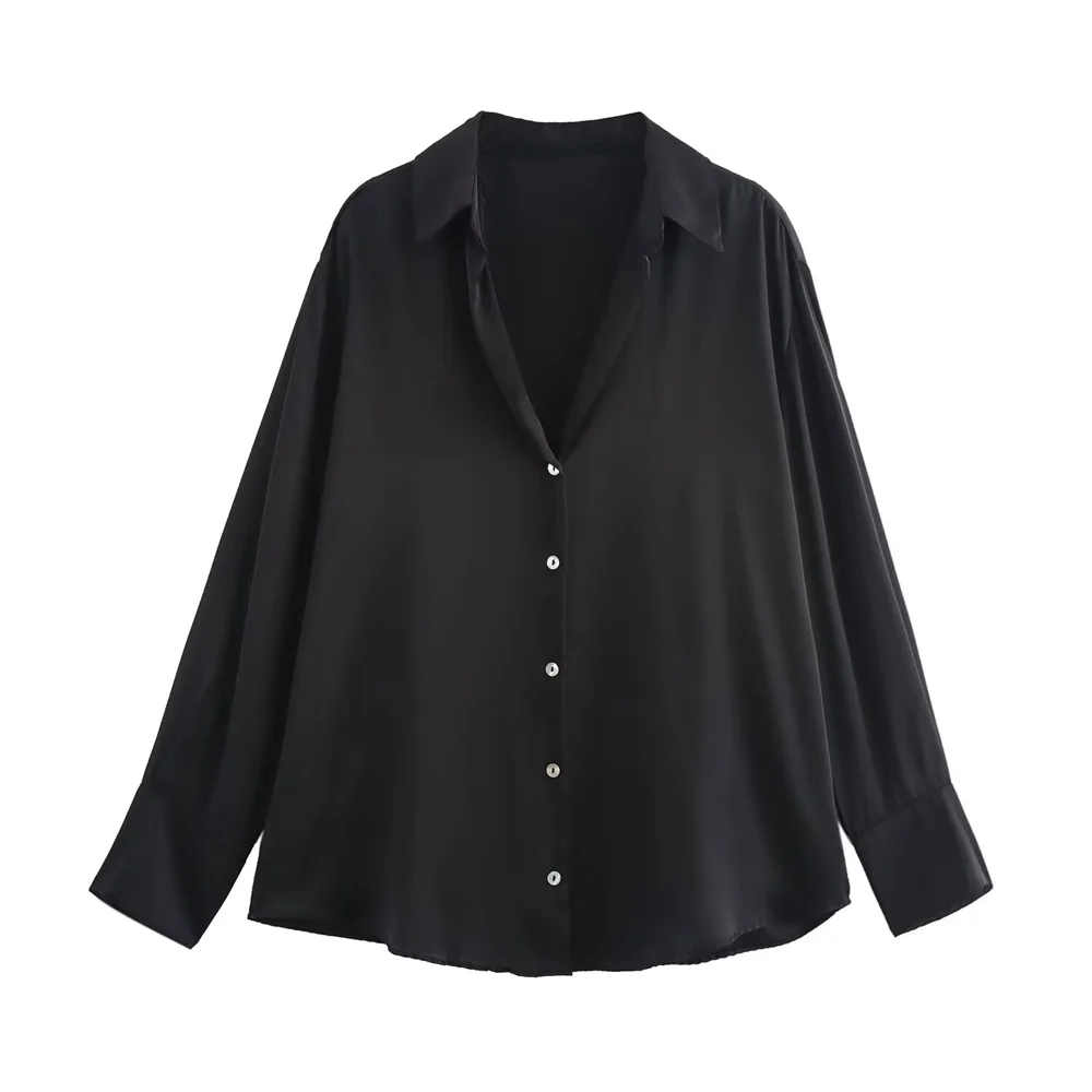PB&ZA2024 autumn new women\'s clothing style loose and casual simple striped printed V-neck satin shirt top